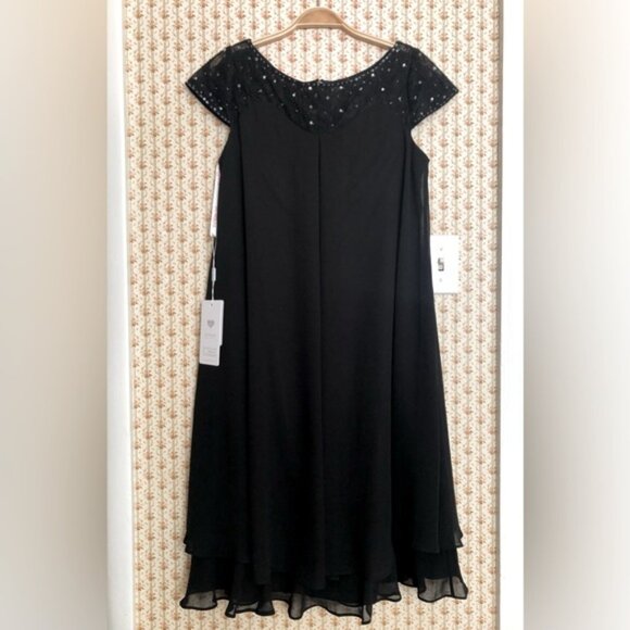 NWT JJ’s House Empire Chiffon Lace Sequin Modest Formal Dress in Black | 8 - Picture 3 of 7